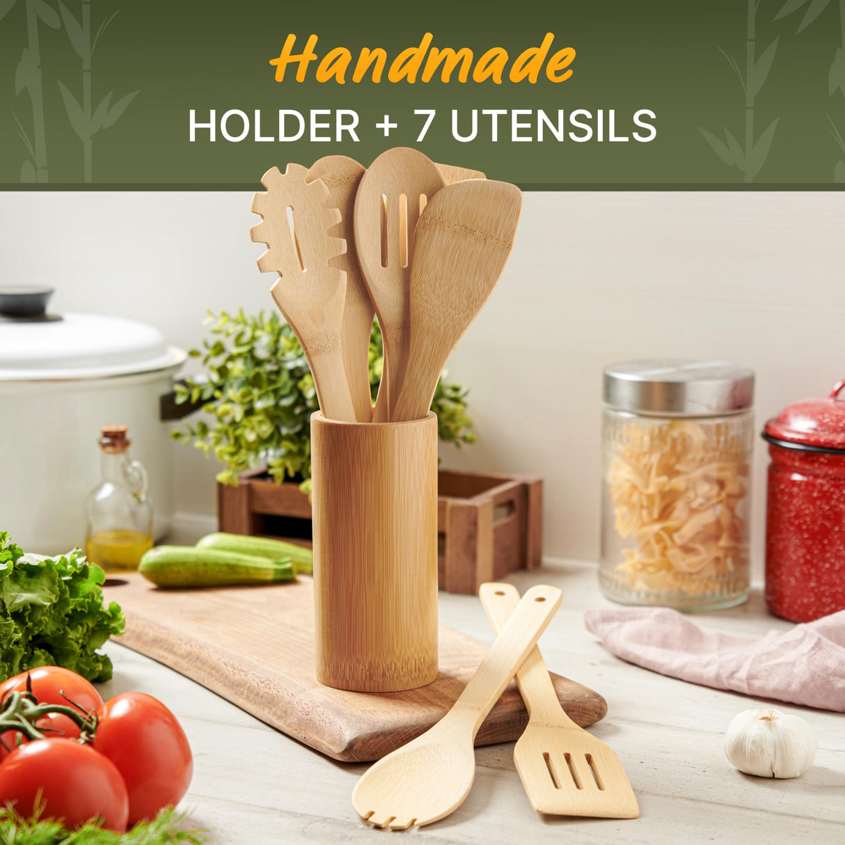 Bamboo Wooden Spoons for Cooking 7 PCs with Holder – Wooden Cooking Utensils + Holder for Nonstick – Wooden Utensil Set – Easy to Clean, Sturdy, Lightweight & Heat Resistant WOODENHOUSE LIFELONG QUALITY