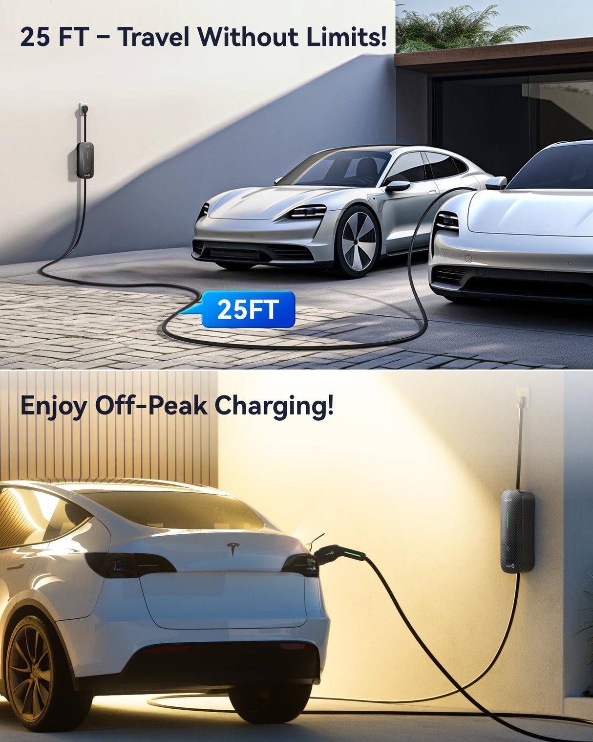 Carbon Fiber Level 1+2 EV Charger (16Amp, 110V-240V, 25ft Cable) Portable Fast Charger with Holder, NEMA 6-20P, Works with All J1772 EV and Hybrid Vehicles, for Home and Outdoor, Black, Ecogenix EC23 Ecogenix