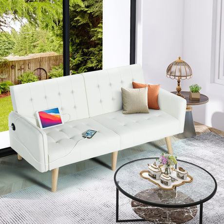 TYBOATLE Modern Faux Leather Upholstered Convertible USB Folding Futon Sofa Bed, 65" Couch, Love Seats Furniture for Small Space Configuration, Apartment, Dorm, Living Room, Office (White) TYBOATLE