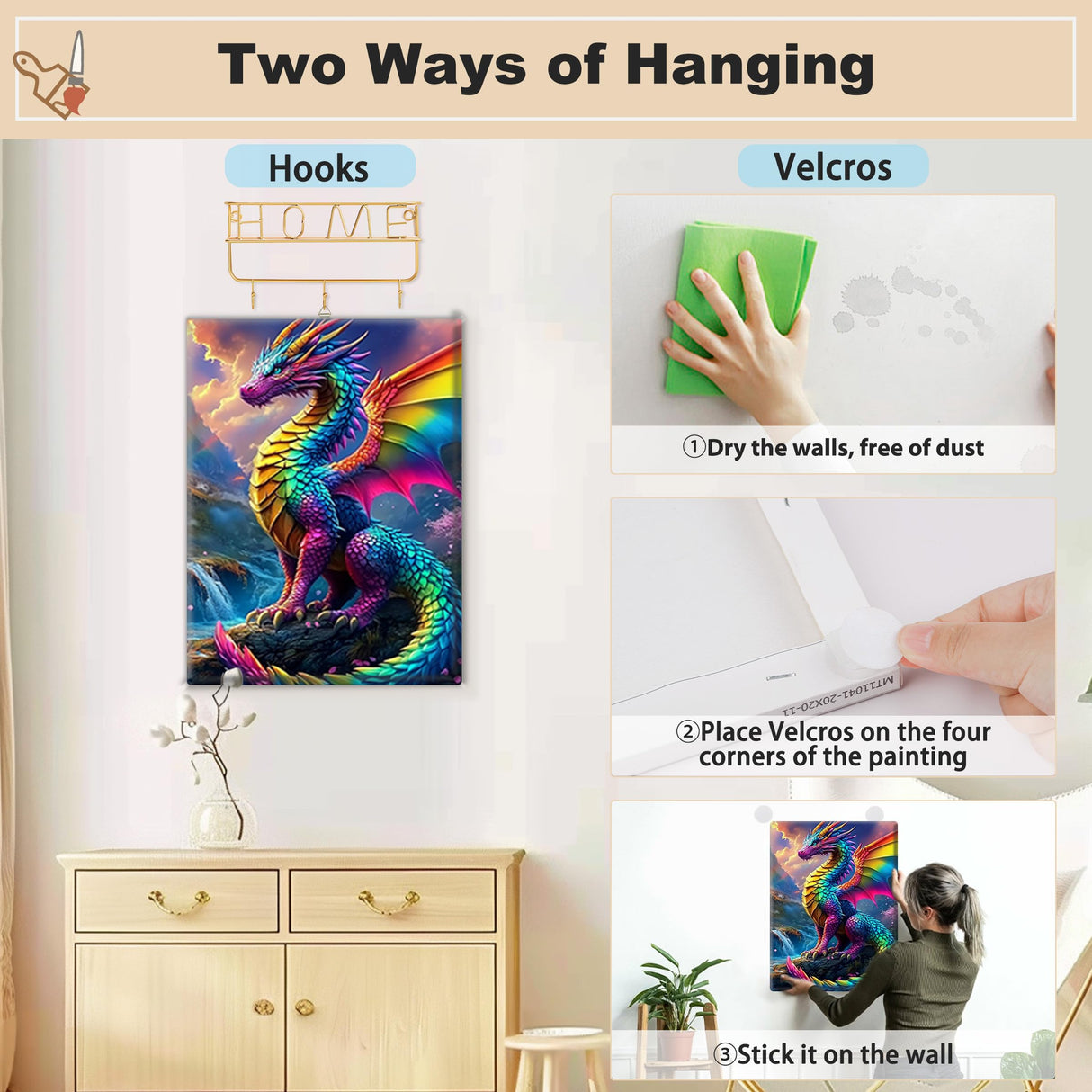 EOBROMD Framed Paint by Numbers Kits for Adults Colourful Dragons, DIY Kits Crafts for Beginner on Stretched Canvas, 3 Paint Brushes and Acrylic Paint for Home Decor 12x16inch EOBROMD