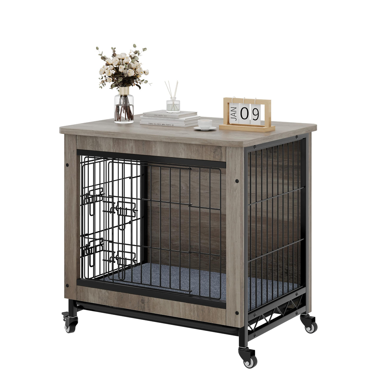 YITAHOME Dog Crate Furniture with Cushion, Dog Kennel Indoor with Wheels, Dog Crate End Table with Tray, 27" Dog Cage with Double Doors for Small Dog (Gray) YITAHOME