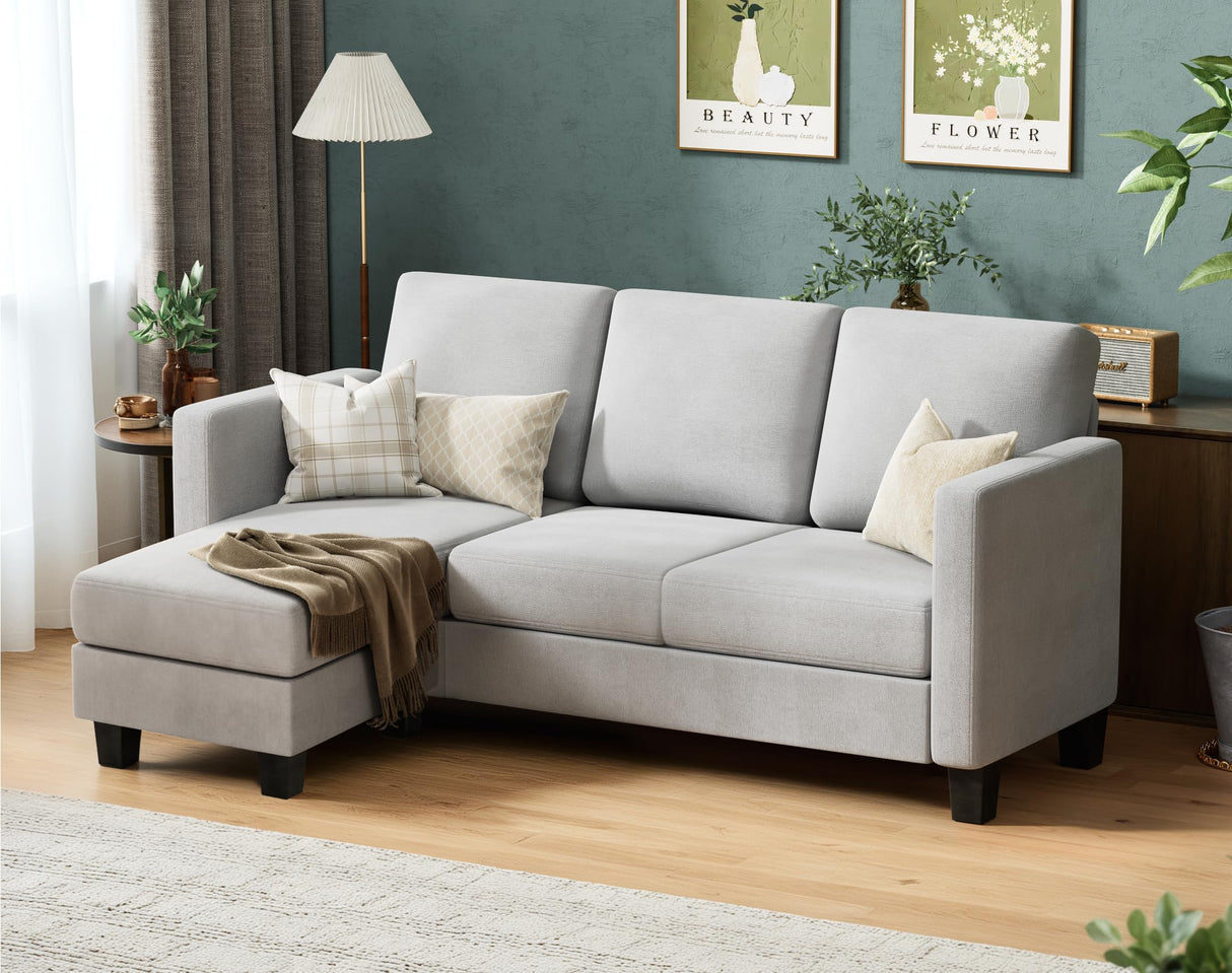 VICTONE Convertible Sectional Sofa Couch, 3 Seat L-Shaped Sofa with Linen Fabric Ottoman Small Couch for Small Apartments, Living Room and Office (Linen Fabric, Light Gray) VICTONE