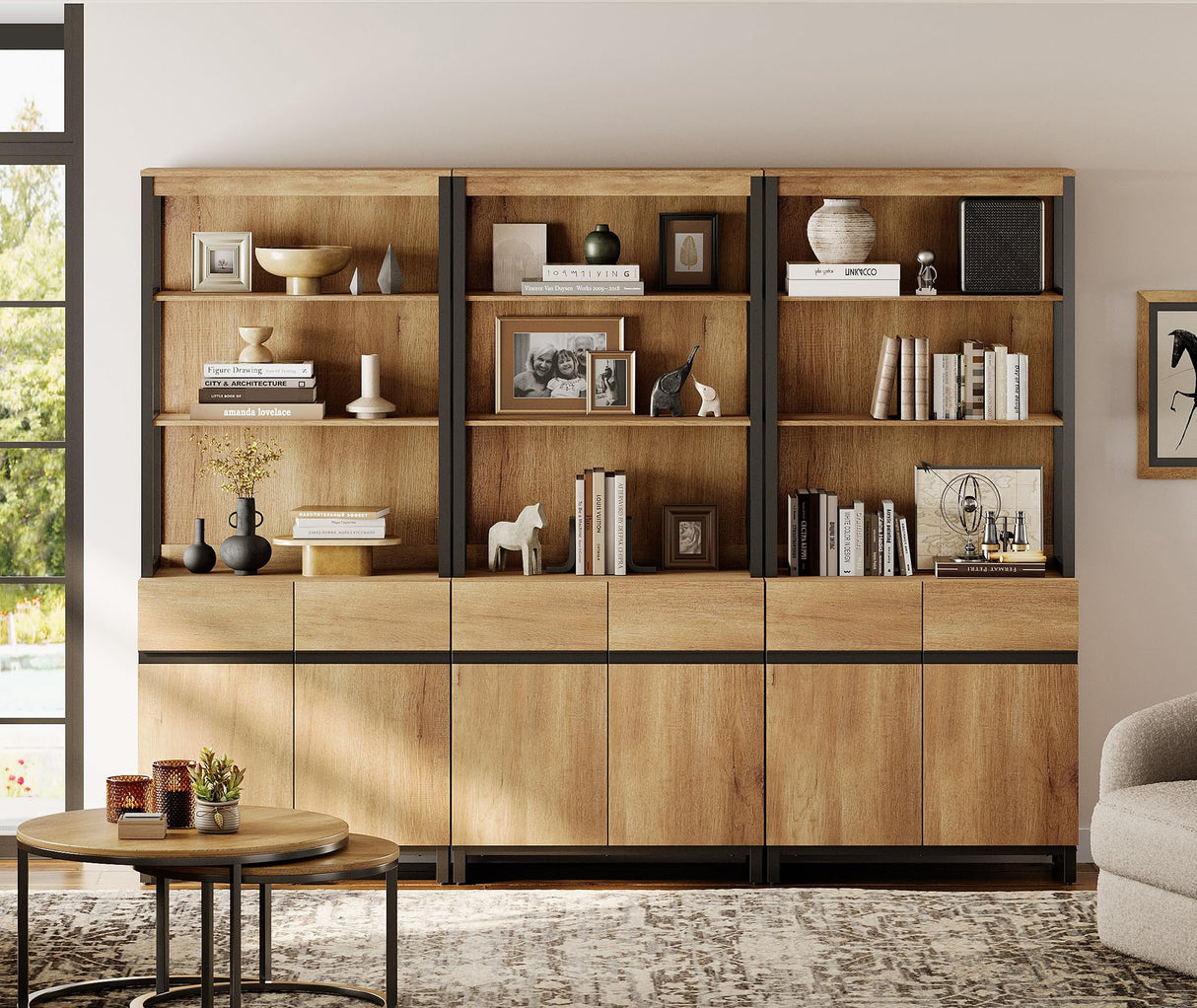 WAMPAT 3 PCS Modern 72" Tall Bookcases with Metal Base and Adjustable Shelves, Library Book Shelf with Storage Cabinet and Open Book Shelfs, Wood Bookshelves for Home Office, Living Room, Oak WAMPAT