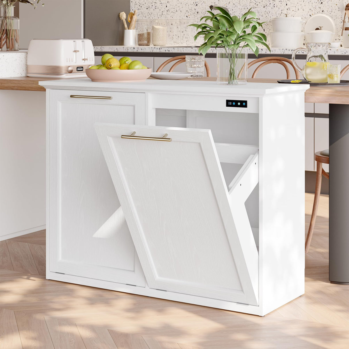 XM-ICE Tilt Out Trash Cabinet with Quick Installation and Deodorising Function, Wooden Trash Kichen Cabinet Holds Up to 2x13 Gallons Bins, Freestanding Trash Cabinet, White XM-ICE