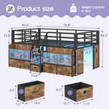 busyaeh Twin Loft Bed for Kids with 5 Drawers & 6 Bookcase and LED Light，Low Loft Bed with 15.8" H Safety Guardrail and Charging Station，Metal Kids Loft Beds with Under-Bed Play Space,Vintage Brown busyaeh