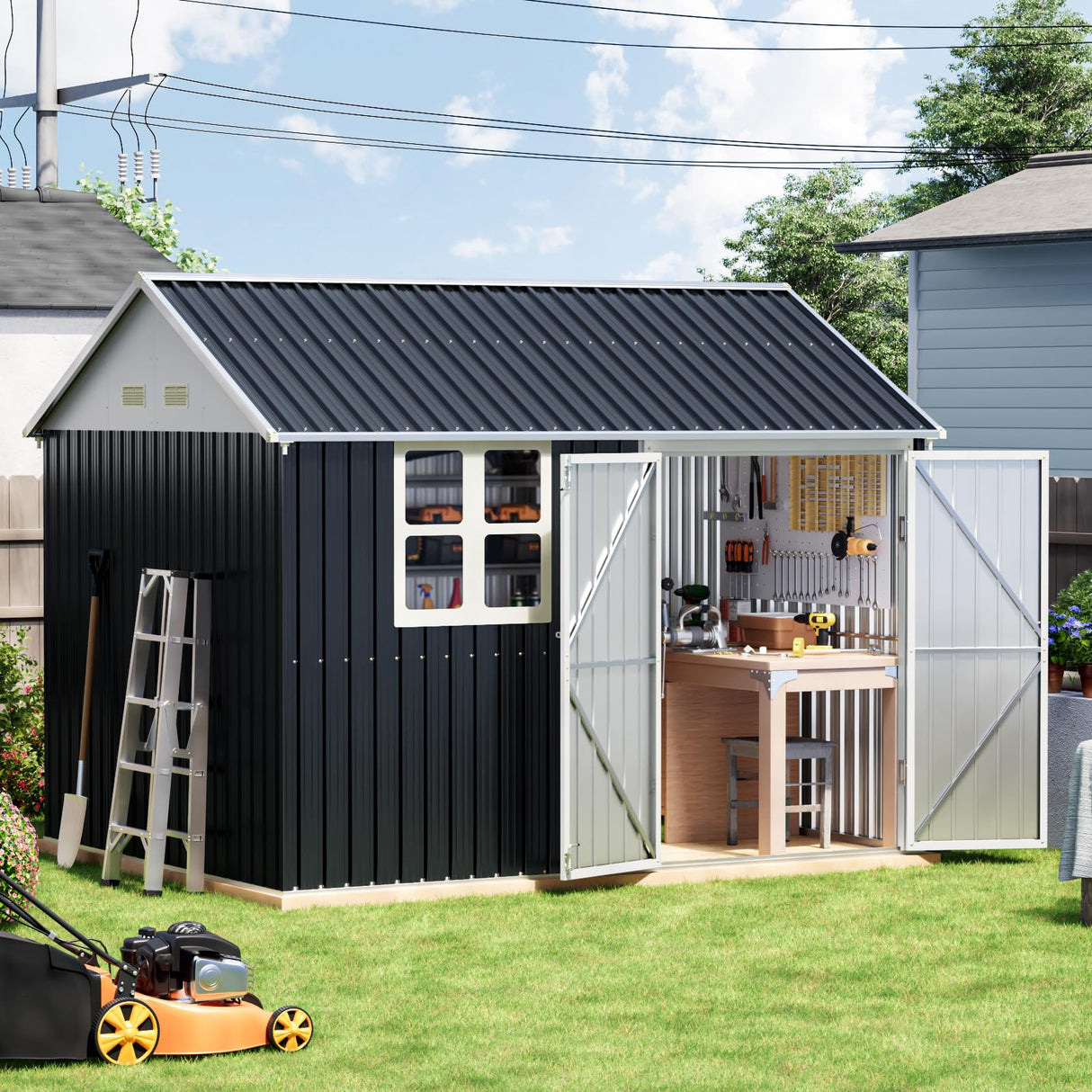 Grovellis 8x10 FT Outdoor Metal Storage Shed, Single Door, 1 Clear Window, Tool Shed for Garden, Patio, Backyard Nightblue Grovellis