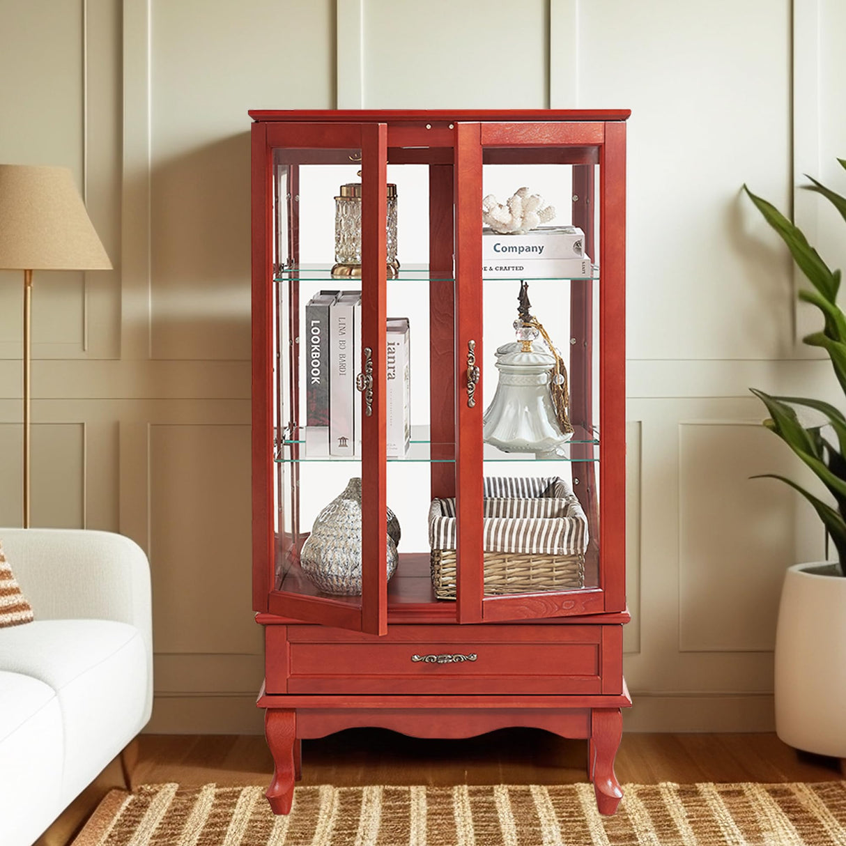 HIUU Cherry Curio Cabinets with Glass Doors,49.4’’H Curio Cabinet with Lights,Display Cabinet with Glass Doors and Adjustable Shelves,Wooden China Cabinet for Living Room HIUU