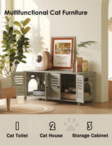 DINZI LVJ Litter Box Enclosure for 2 Cats, Hidden Litter Box Furniture with Double Rooms, Dual Cat Litter House, Front Doors, 47.2" Wooden Hidden Cat Washroom, Side End Table, TV Stand, Gray Wash DINZI LVJ