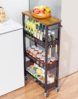 OKZEST Utility Slim Storage Cart, 4 Tier Small Rolling Kitchen Laundry Room Cart with Wood Top, Metal Narrow Bathroom Storage Cabinet Mobile Shelf Unit Organizer Trolley with Handle for Narrow Space OKZEST