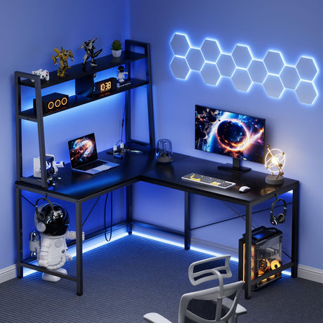 Flycity L Shaped Desk Gaming Desk, 50 Inch Corner Computer Desk with Electrical Outlet & LED Lights, L Shaped Gaming Desk with Storage Racks & Dual-End Hooks Adaptable to Home Office & Gaming, Black Flycity