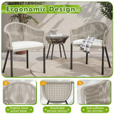 Greesum Rope Woven Patio Furniture 3-Piece Outdoor Wicker Bistro Set for Backyard Porch with Thick Cushions & Glass Table, Gray Greesum