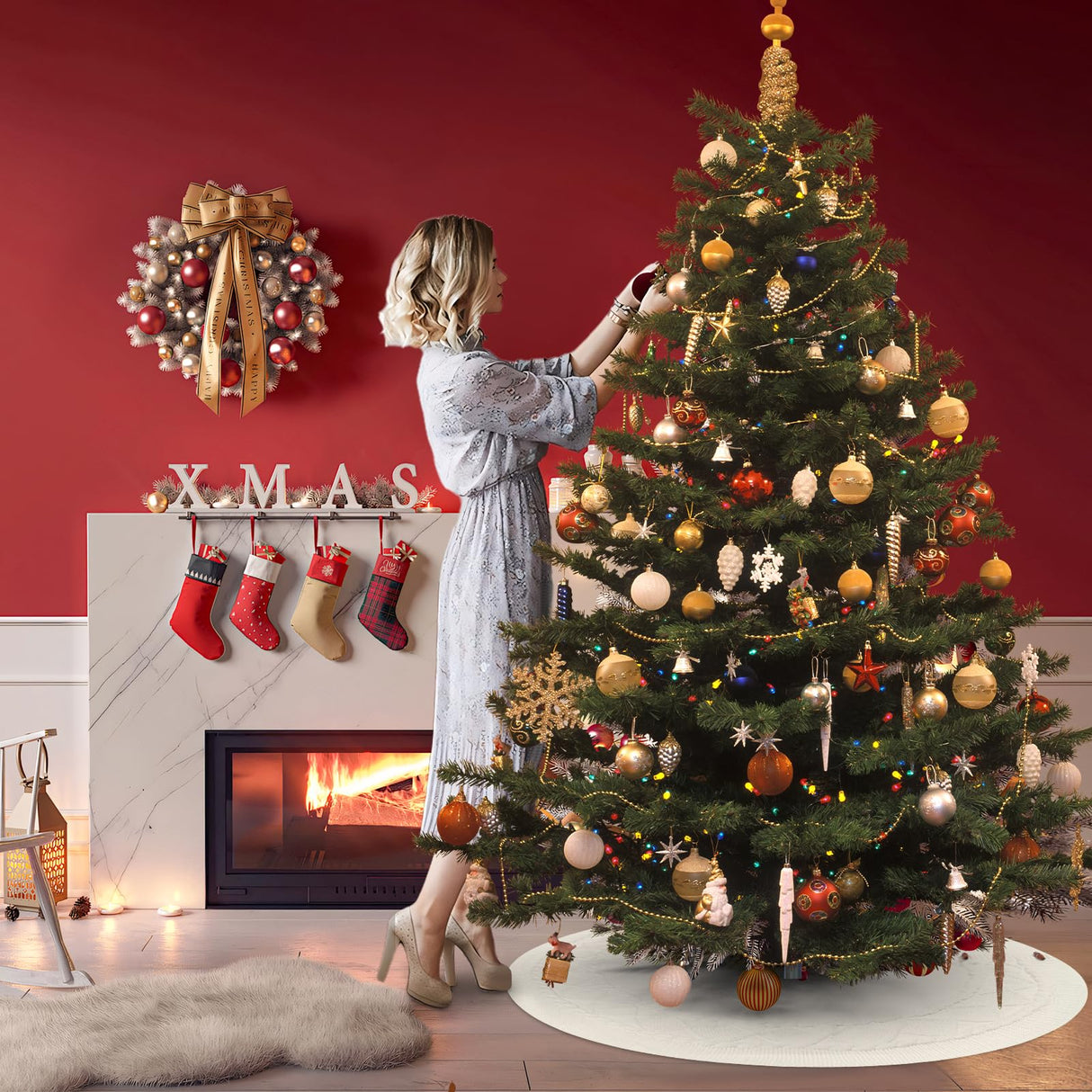 KCFESTIHUE Christmas Tree Skirt, 48 Inch Cable Knit Pattern, Luxury Xmas Holiday Decoration, Thick Rustic Fabric, Home Party Décor Red KCFESTIHUE