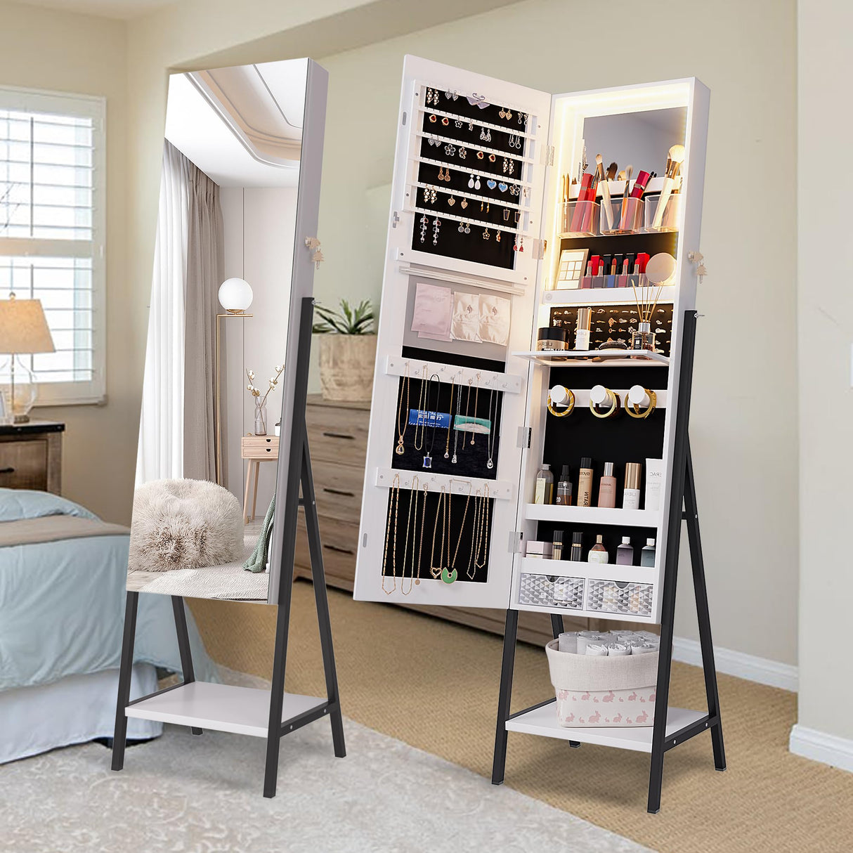 jajov 47.2" LED Jewelry Cabinet Armoire, Standing Mirror with Jewelry Storage, Jewelry Organizer Armoire with Full Length Mirror, Lockable Jewelry Mirror Cabinet (White) jajov