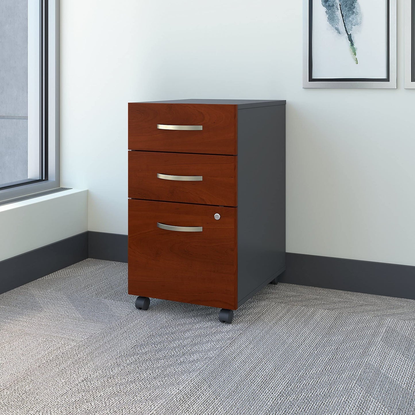 Bush Business Furniture Components 21"D Vertical 3-Drawer Mobile File Cabinet, Hansen Cherry/Graphite Gray, Standard Del - WoodArtSupply