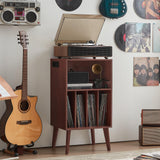 Lerliuo Record Player Stand with Charging Station, Walnut Turntable Stand Holds up to 160 Albums, Mid-Century Vinyl Storage Cabinet Table with Wood Legs, Record Holder Dispaly Shelf for Living Room Lerliuo