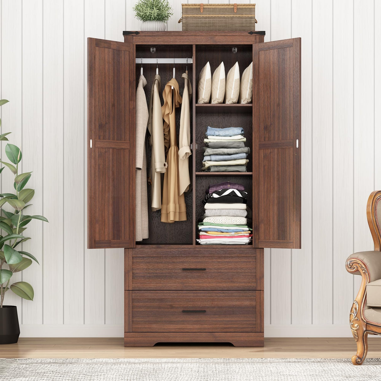 Hlivelood 2 Doors Wardrobe Armoire Closet with Doors and Drawers, Farmhouse Wooden Armoire Storage Cabinet with Shelves & Hanging Rod for Bedroom, Brown Hlivelood
