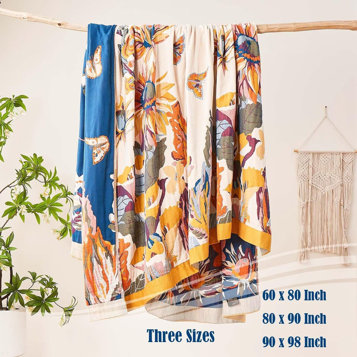 XIBLC Boho Throw Blanket, 100% Cotton Ultra Soft Luxury Throw Rustic Quilt, 60"x80" Floral Bird Butterfly Farmhouse Decor Bed Blankets, All Season Rustic Reversible Bohemian Throw for Bed - Yellow XIBLC