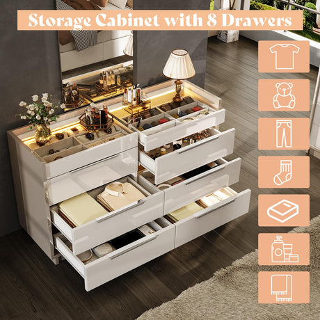 AMERLIFE 47.2" 8 Drawer Dresser with LED Light, Modern High Gloss Chest of Drawers with Glass Tabletop & 2 Six-Grid Jewelry Drawers, for Bedroom, Living Room, Dressing Room, Cream & Grey AMERLIFE