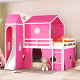 House Full Loft Bed Frame with Slide and Tent, Full Size Loft Bed with Small Pinnacle and Ladders, Wood Full Bunk Beds, Playhouse Bed Frame for Kids, Teens, Boys & Girls (Full Size, Pink) Harper & Bright Designs