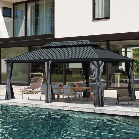 SHPAI 14’ x 24’ Outdoor Hardtop Gazebo with Gutters, Permanent Metal Hard Top Gazebo, Double Roof Galvanized Heavy Duty with Curtains and Netting for Backyard, Patio, Deck, Hot Tub, Grey SHPAI