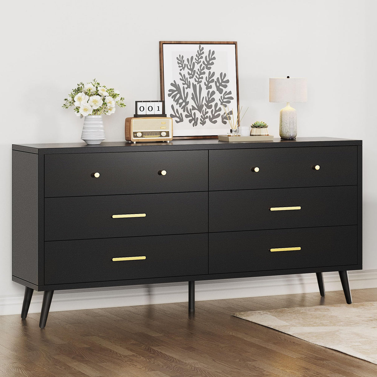 DWVO White 6 Drawers Dresser/Modern Wood Dresser Chest of Drawers with Black Metal Handle＆Anti-Tipping Device/Modern Double Drawer Storage Cabinet for Entryway/Living Room-15.7" Dx55.1 Wx31.1 H DWVO