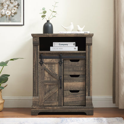 Minifeel Bathroom Floor Cabinet, Farmhouse Storage Cabinet with Sliding Barn Door, Small Storage Cabinet with Drawer for Bathroom, Kitchen, Living Room, Rustic Style Cabinet (Dark Rustic Oak)