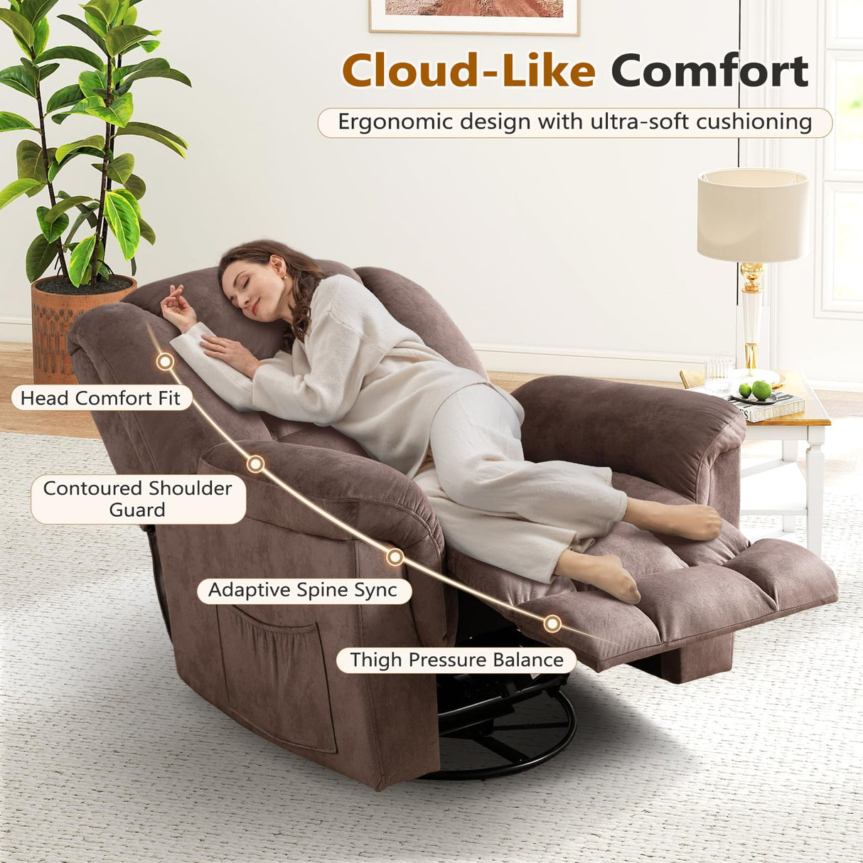 ANJ Rocker Recliner Chair Oversized Manual 360° Swivel Recliners Comfy Glider Rocking Chairs for Big Man Extra Wide Overstuffed Reclining Chair for Living Room, Camel ANJ