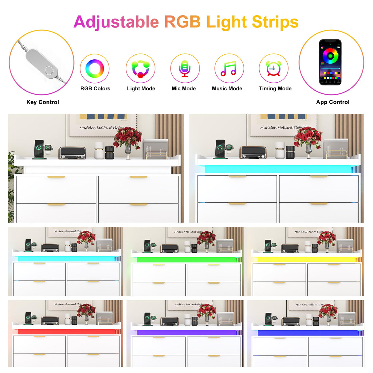 6 Drawer Dresser for Bedroom, White Dresser with LED Lights and Power Outlet, Modern Chest of Drawers for Closet, Double Wide Drawer Organizer Cabinet for Bedroom, Living Room, Entryway, Hallway knoworld