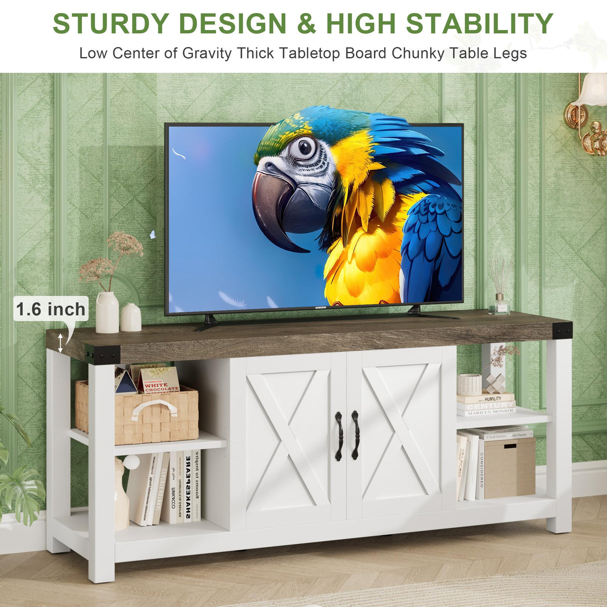 TV Stand for 65 Inch TV, 60 Inch Entertainment Center with Storage, Farmhouse TV Console Table with Shelves, Wooden Media Console Cabinet with Doors, Modern TV Stand for Living Room, Bedroom - White IDEALHOUSE