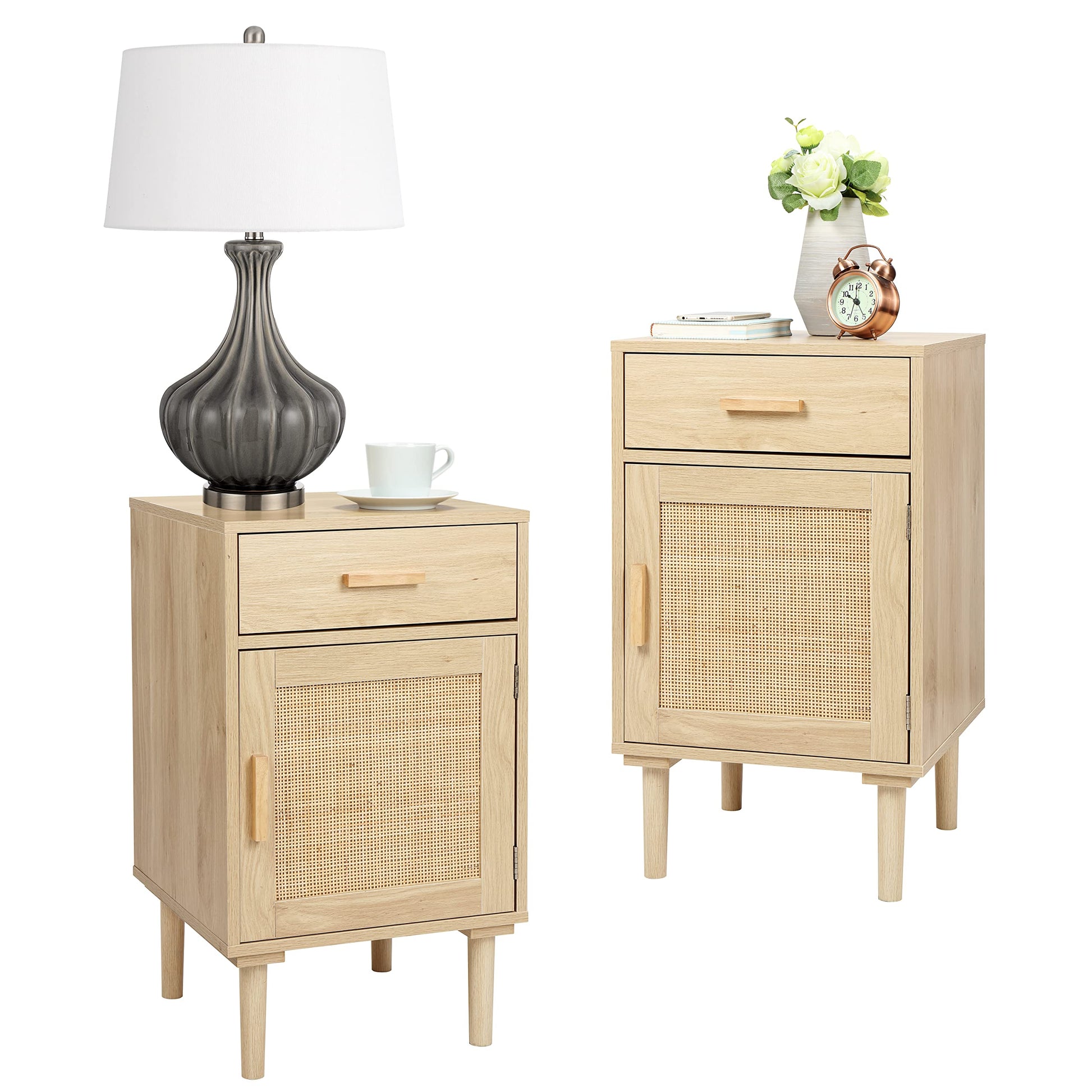 Finnhomy Tall Nightstands Set of 2, Night Stand, Bedside Table Set of 2 with Drawer and Shelf, Hand Made Rattan Decorated Doors, Nightstands with Storage for Bedroom, Natural, 2 Pack - WoodArtSupply