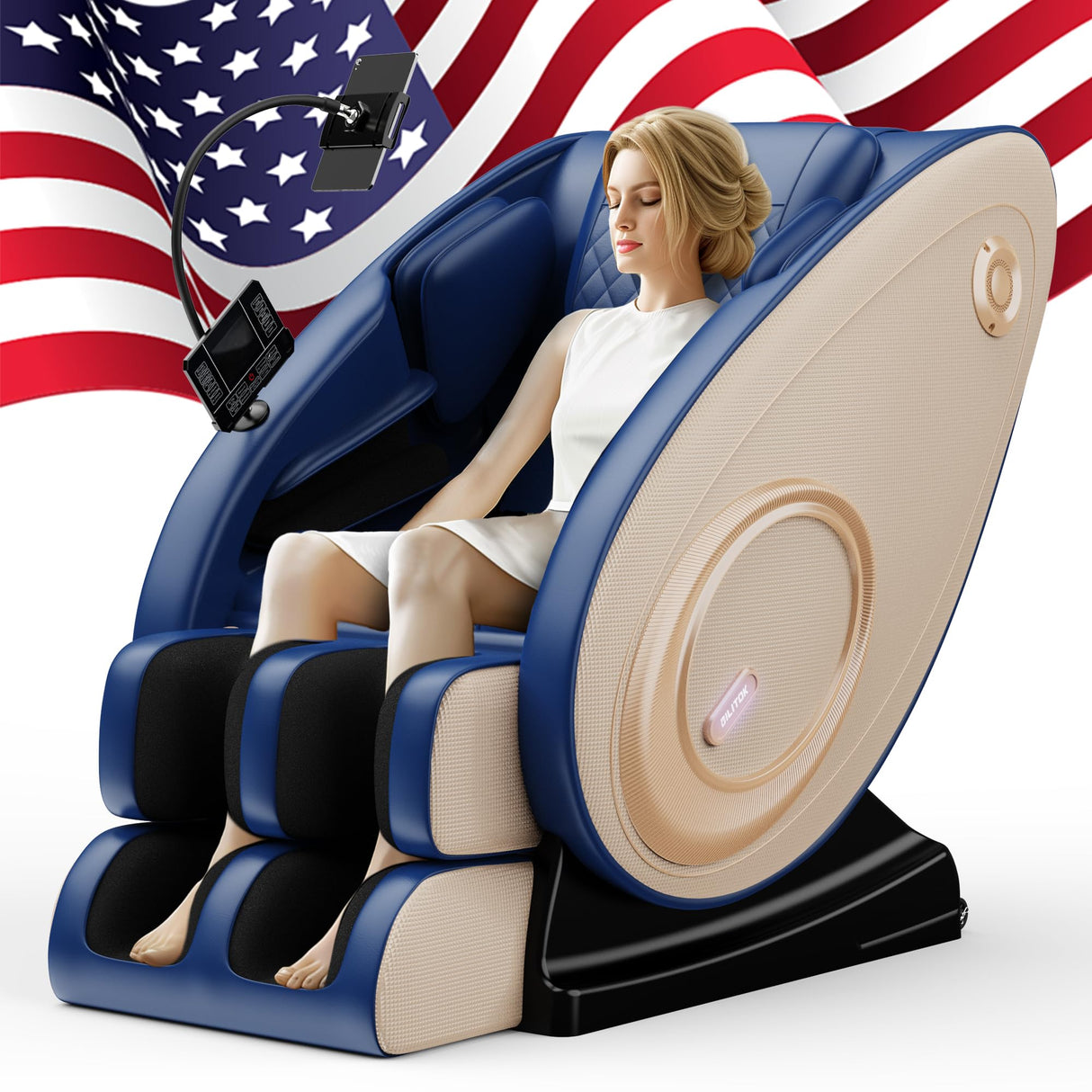 BILITOK Massage Chair with Zero Gravity, Full Body Massage Chair Recliner with Airbags, Heating, Bluetooth Speaker, Foot Roller, Touch Screen, Blue BILITOK