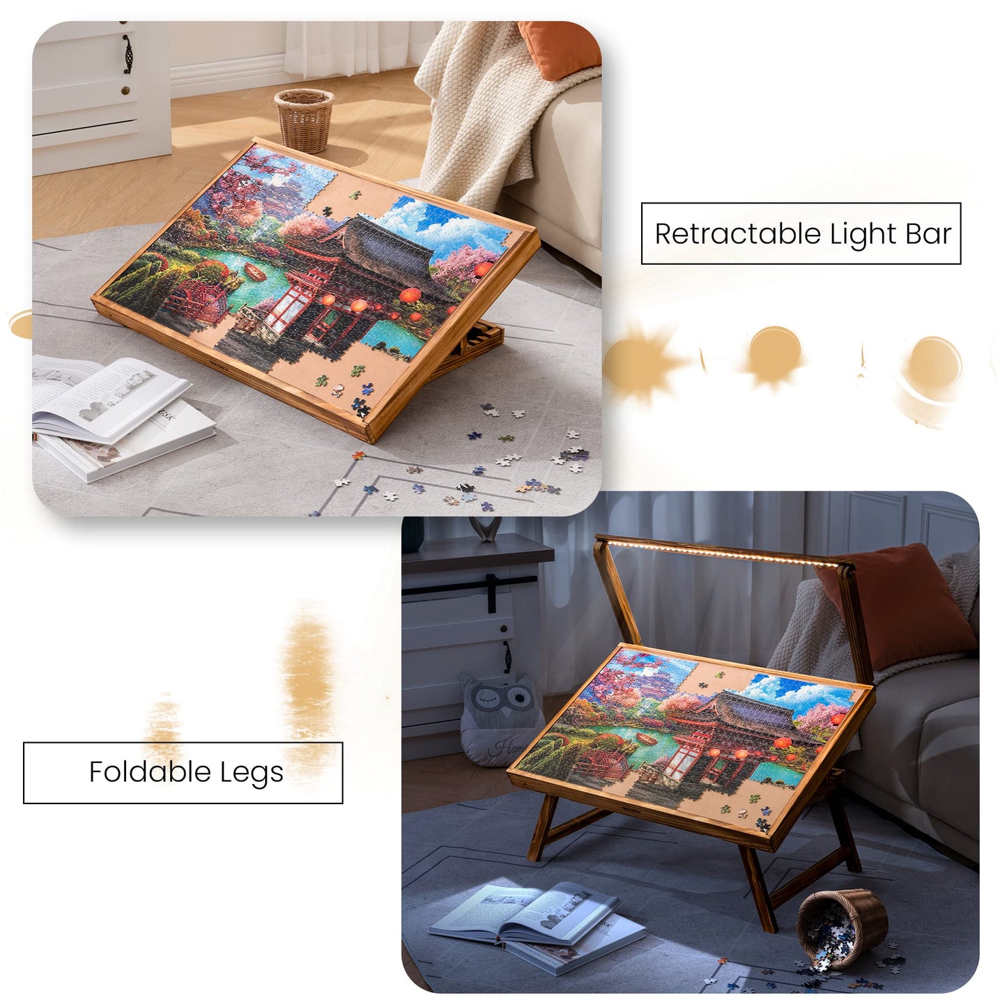 Tektalk Jigsaw Puzzle Table with LED Light, Jigsaw Puzzle Board with Folding Legs and Cover, Wooden Plateau with 5 Adjustable Angles, for Puzzle Storage, for Up to 1000 Pieces - WoodArtSupply