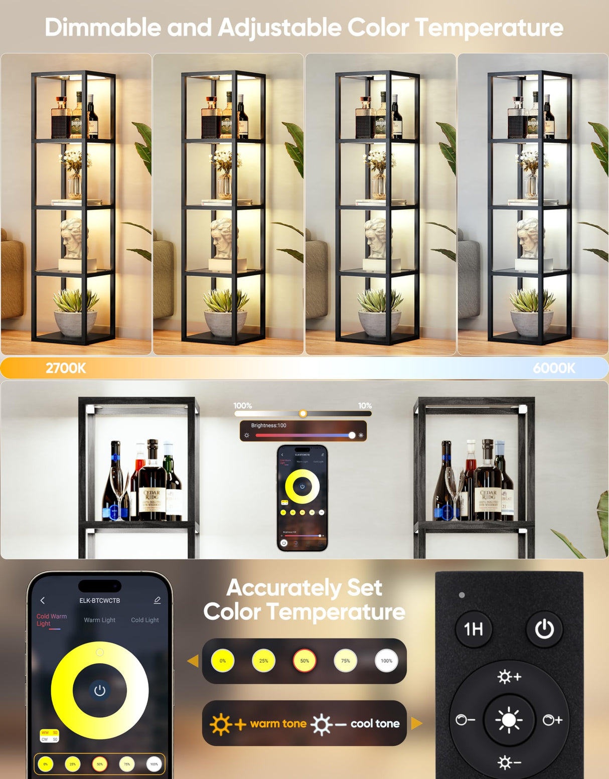 PARTPHONER Floor Lamp Glass Display Shelf with Remote/APP Control, Dimmable LED Floor Lamp with Shelves, Open Display Cabinet, Color Temp Control (2700K-6000K), Black PARTPHONER