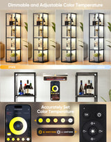 PARTPHONER Floor Lamp Glass Display Shelf with Remote/APP Control, Dimmable LED Floor Lamp with Shelves, Open Display Cabinet, Color Temp Control (2700K-6000K), Black PARTPHONER