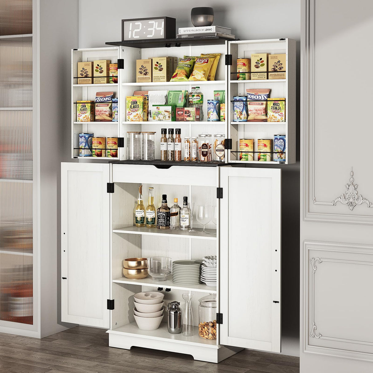 Kitchen Pantry Storage Cabinet,72" Freestanding Cupboard with 4 Barn Doors,Drawer and Adjustable Shelves,Wood Food Pantry for Kitchen, Dining Room, Bathroom,White Vipbear