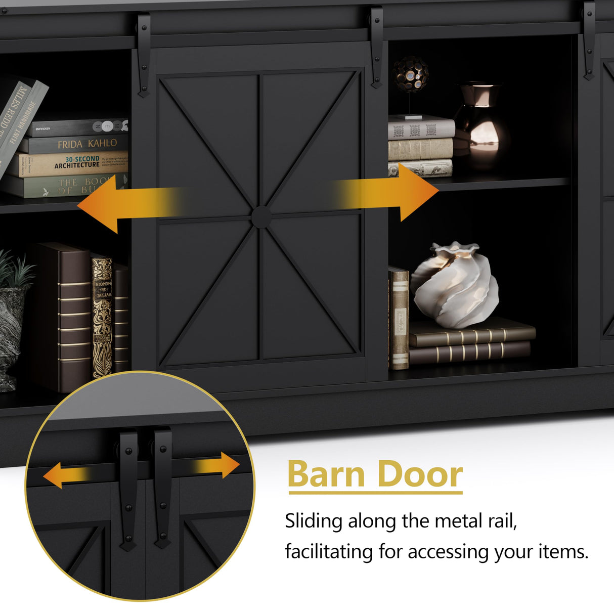 Farmhouse TV Stand for 65/60/55 Inch Tvs, Rustic Entertainment Center with Storage Cabinets & Sliding Barn Doors, Modern Media Console Table, Wood Television Furniture for Living Room, Bedroom, Black Xixini