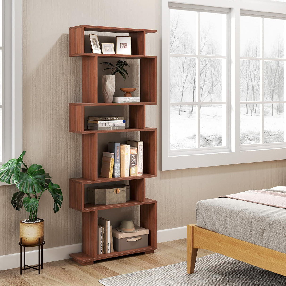 LOKO 6-Tier Storage Bookshelf, Tall Display Shelf with Anti-toppling Kits, Decorative Room Divider, S-Shaped Geometric Bookcase for Study, Living Room, Office (1,Walnut) LOKO