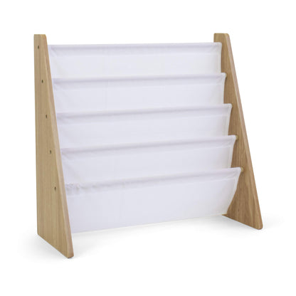 Humble Crew 4-Tier Toddler Bookshelf in Natural Wood/White with Deep Fabric Sleeves - WoodArtSupply