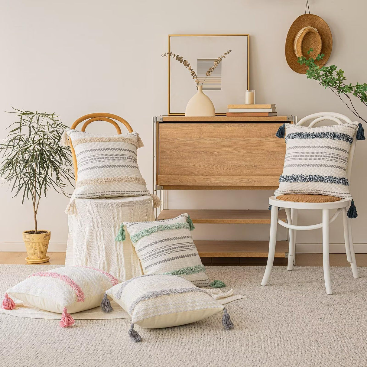 Boho Throw Pillow Covers 18x18 Set of 2 Woven Tufted Farmhouse Pillows Cover with Tassels Textured Striped Cushion Case Neutral Pillow Cases Decorative Pillowcase for Sofa, Couch, Bed, Khaki BUIOVBEY