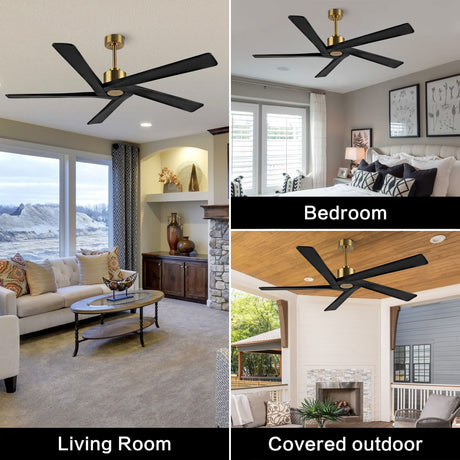 WINGBO 54 Inch DC Ceiling Fan without Lights, 5 Reversible Carved Solid Wood Blades, 6-Speed Noiseless DC Motor, Ceiling Fan No Light with Remote, Brass Finish with Black Blades, ETL Listed WINGBO