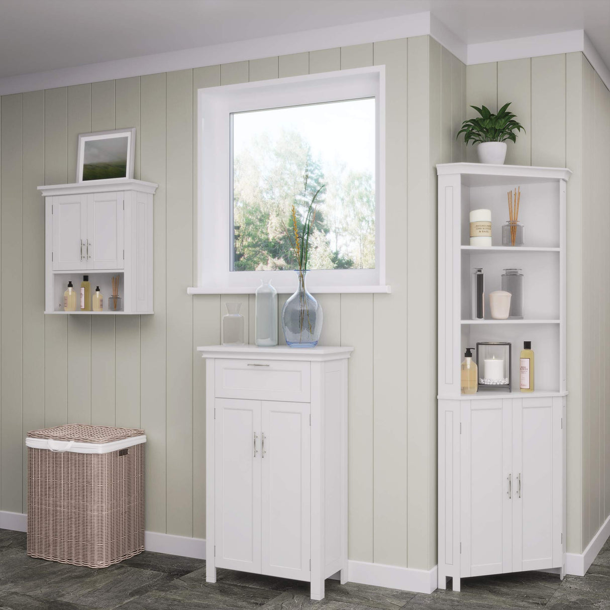 RiverRidge Somerset Two-Door Bathroom and Laundry Wall Mount Storage Medicine Cabinet with Open and Adjustable Shelf - White RiverRidge