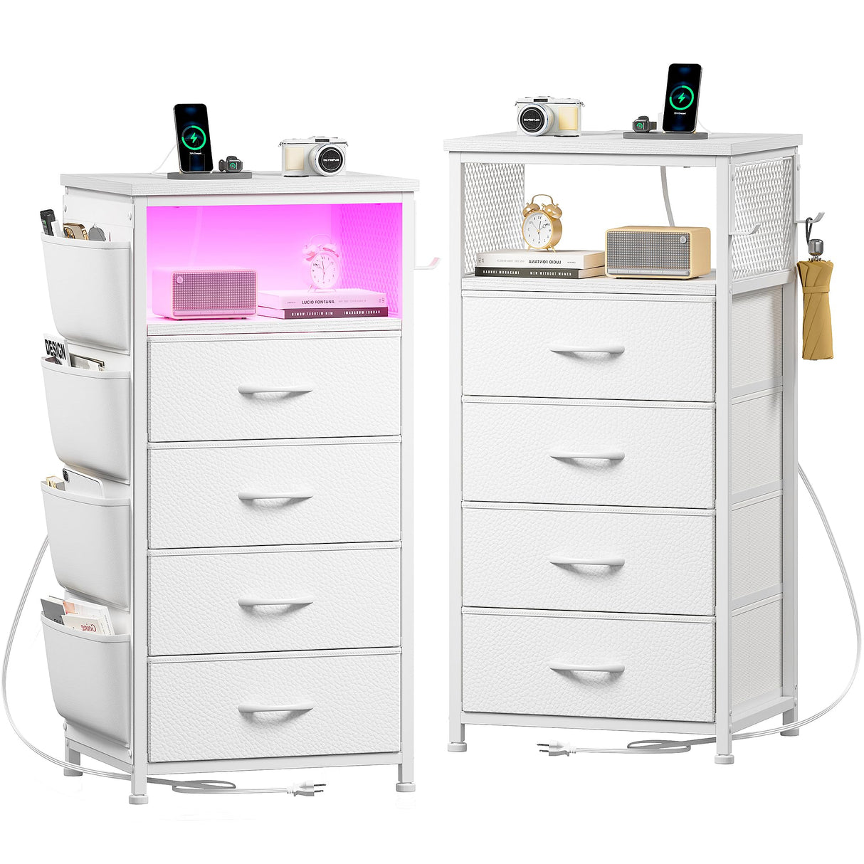 Enhomee Nightstands Set of 2 Nightstand with Charging Station & LED Lights Tall Nightstand with Cloth Bags & Hooks Modern Night Stand with Dresser Drawers and Storage Shelves White Nightstand Set of 2 EnHomee