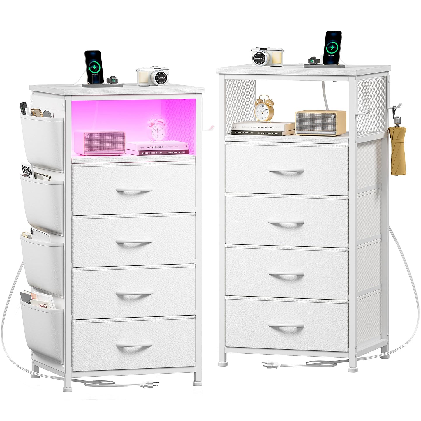 Enhomee Nightstands Set of 2 Nightstand with Charging Station & LED Lights Tall Nightstand with Cloth Bags & Hooks Modern Night Stand with Dresser Drawers and Storage Shelves White Nightstand - WoodArtSupply