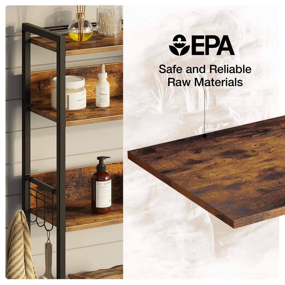 Rolanstar Over The Toilet Storage 4-Tier, Freestanding Bathroom Organizer, Sturdy Behind Toilet Rack with Hooks, Space-Saving Design, Fits Most Toilets, Rustic Brown Rolanstar