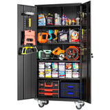 Greenvelly 72" Metal Storage Cabinet with Wheel and Pegboard, Lockable Black Metal Garage Cabinets with 2 Doors and 4 Adjustable Shelves, Rolling Steel Tool Cabinet for Garage, Home Office, School Greenvelly