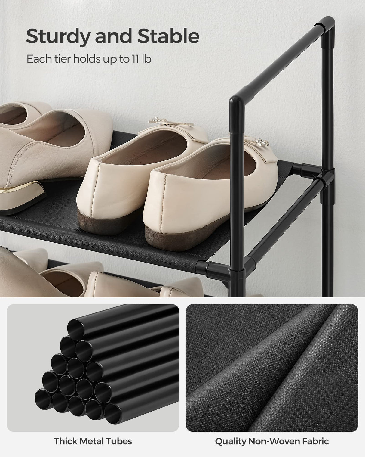 SONGMICS Shoe Rack, 10 Tier Shoe Shelf, Shoe Storage Organizer, Space-Saving, 11 x 17.7 x 68.1 Inches, Metal Frame, Non-Woven Fabric Shelves, for Entryway, Bedroom, Black ULSH010B02 SONGMICS