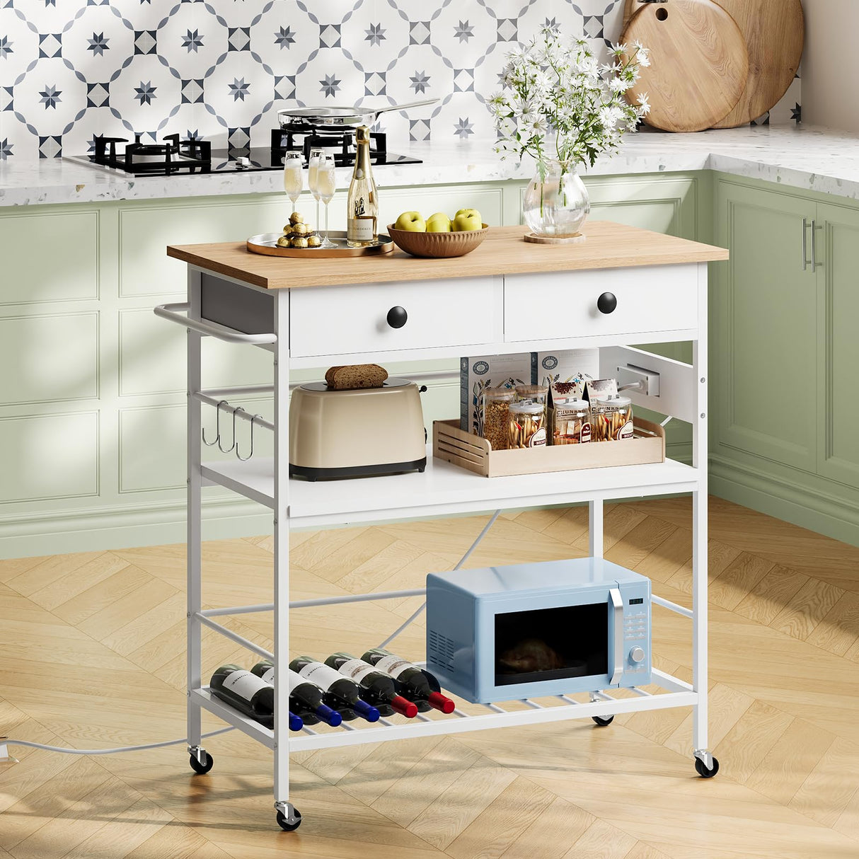 HOOBRO Kitchen Island with Storage, Rolling Island Cart for Kitchen with 2 Drawers & Outlet, 3 Tier Coffee Station and Microwave Stand, Kitchen Island Table for Home, Natural and White WN08UZD01 HOOBRO