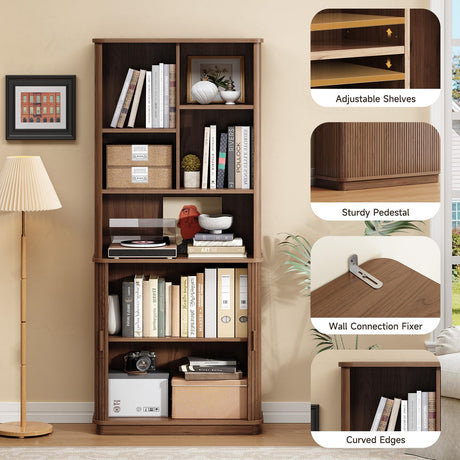 ONBRILL 71" Tall Cube Bookcase, Curved Bookshelf with Storage Cabinet & Adjustable Storage Shelf, Freestanding Wood Bookcase with Sliding Door & Sturdy Pedestal, for Home Office, Living Room, Walnut ONBRILL