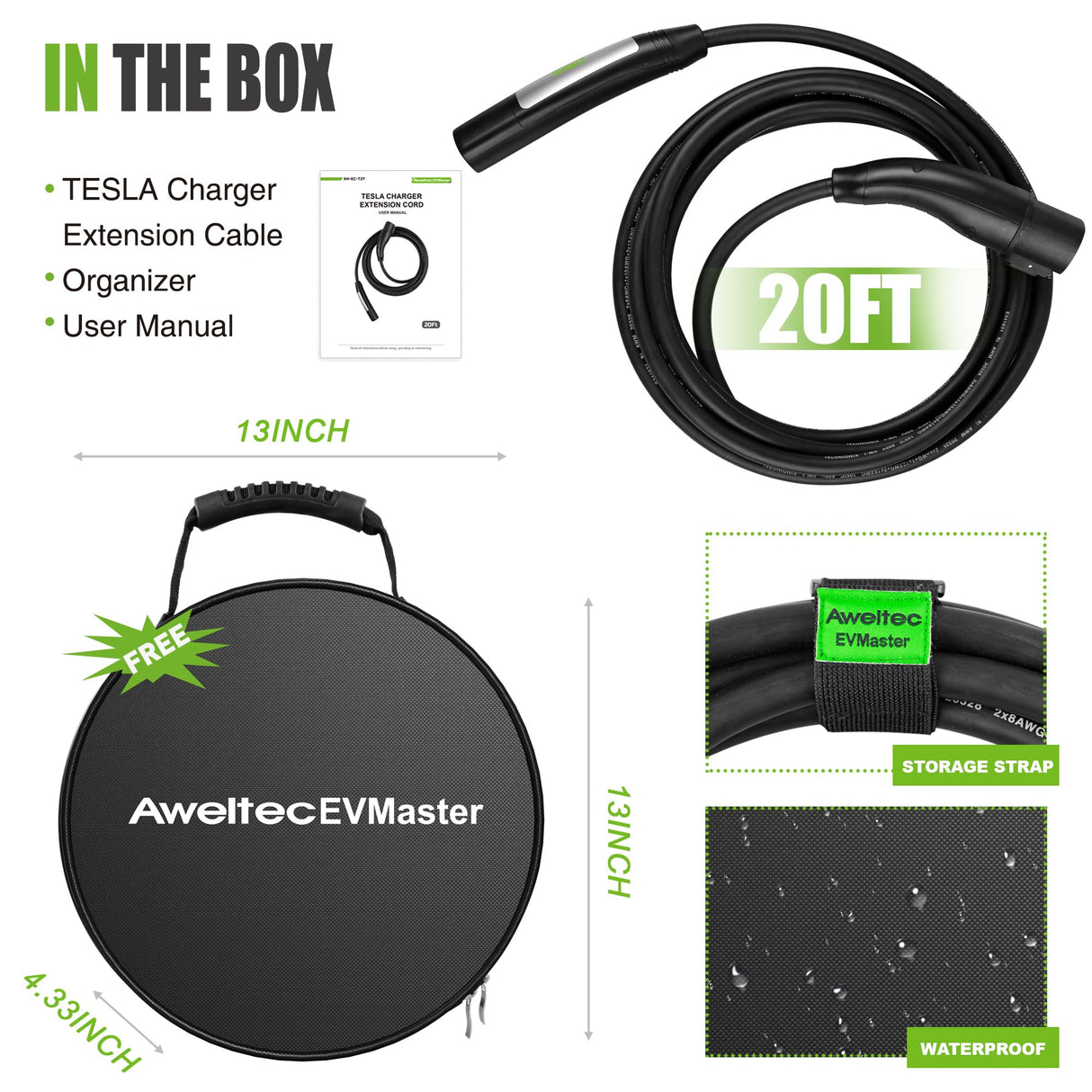 EV Tesla Charger Extension Cable, 20ft 48Amp 240Volt Max 11.5kW with NACS Plug, Extension Cord for Level 1/2 Tesla Mobile Charger/Wall Connector, Extension Cord for Model X/Y/3/S, CE/FCC Certificated EVMaster