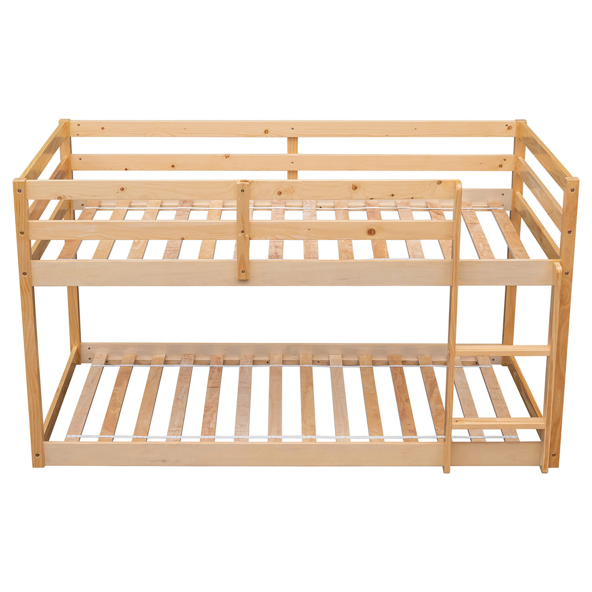 Low Profile Twin Over Twin Solid Wood Bunk Bed Frame for Kids in Natural Finish Bellemave